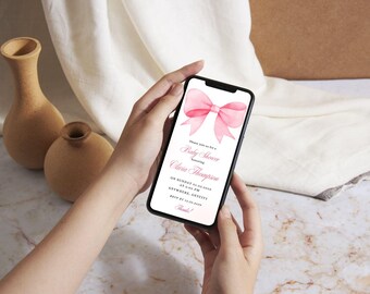 Baby Shower Digital Evite Template - Baby digital invitation - Invitation printable - Canva template - Pink bow baby shower evite
