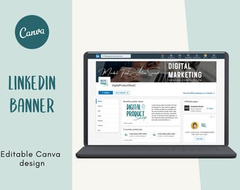May include: A blue and white LinkedIn banner with the text "Digital Product Shop" and "Mindful First, Action Second". The banner also includes the text "Digital Marketing" and a website address.
