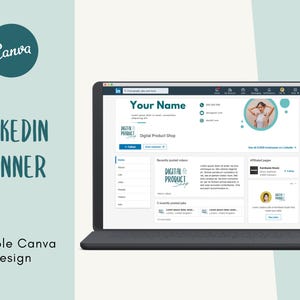 May include: A blue and white LinkedIn banner template featuring the text "Your Name" and "Digital Product Shop". The banner also includes a profile picture of a woman and a logo for a digital product shop.