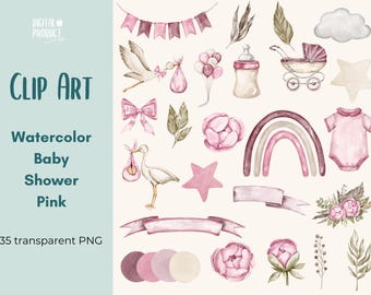 Clipart Baby Theme - Clipart PNG images - Pink Babyshower clipart - Digital Download - Watercolor Baby Clipart - Watercolor PNG Images