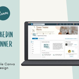 May include: A blue and white graphic design for a digital product shop on a LinkedIn banner. The banner features a light brown background with a white and brown abstract design. The text "Your Name Here" is in a white sans-serif font. The text "Digital Product Shop" is in a blue sans-serif font. The banner also includes a logo for the shop, which is a blue circle with the text "Digital Product Shop" in a white sans-serif font.
