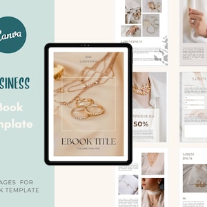May include: A digital ebook template for a business selling jewelry. The cover features a close-up of gold necklaces and rings on a beige fabric background. The title of the ebook is "EBOOK TITLE" and the text "TYPE SOMETHING HERE" is below the title.