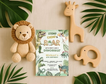 Dinosaur birthday invitation – customizable editable template in Canva