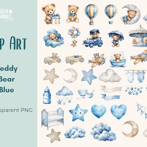 Clipart thème bébé - Clipart PNG - clipart ours bleu - téléchargement numérique - aquarelle ours en peluche clipart - aquarelle PNG Images
