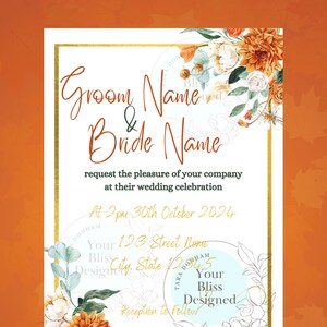 Puede incluir: Una invitación de boda con un diseño floral en tonos naranja, blanco y verde. La invitación incluye el texto "Groom Name & Bride Name" y detalles sobre la ceremonia y la recepción de la boda.