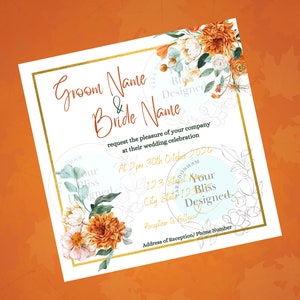 Puede incluir: Una invitación de boda con un diseño floral con flores naranjas, blancas y verdes. La invitación es para una boda el 30 de octubre de 2024 a las 2 pm. La invitación incluye los nombres "Groom Name" y "Bride Name", la dirección "123 Street, City, State 123" y el texto "Recepción a seguir".