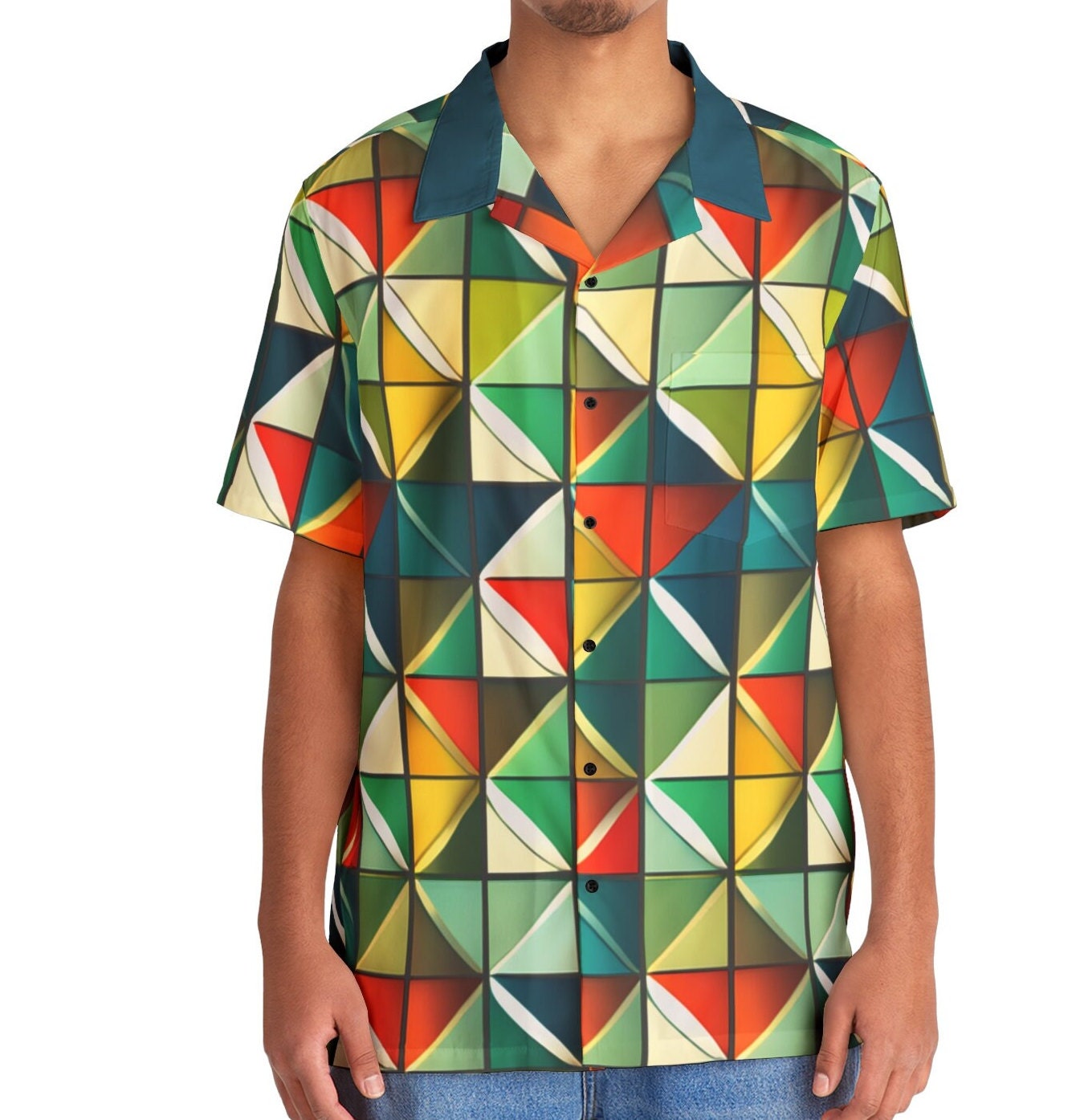 Geometric Pattern Mens Hawaiian Shirt - Retro Style Aloha Shirt for Beach or Party