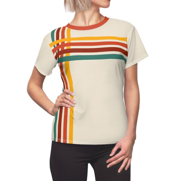 Retro Style Womens Mid-Century Modern Polyester Shirt, 1950s/60s/70s with stripes, vintage inspired, cream, off white, teal