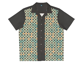 Retro Vintage-inspired Men's Bowling Shirt, 1950s/60sstyle, Hawaiian Shirt, rockabilly, mod, Button-up, teal, black, red circles