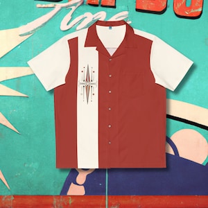 Deep Red Atomic Drive-In Bowling Style - Retro Hawaiian Shirt Vintage-inspired Men&#39;s 1950s/60s style, Button-up, rockabilly
