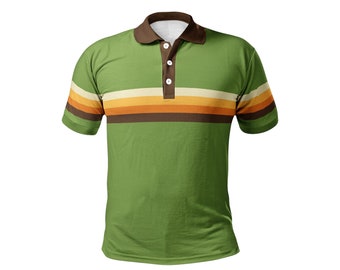 Retro Mens Polo, Vintage Stripes, sunset, lime green, casual shirt for office or play, old school style, golf shirt, activewear offie attire