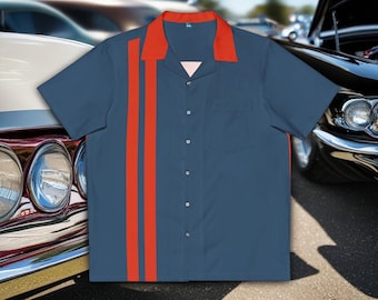 Retro Vintage-inspired Men's Bowling Shirt, 1950s style, Hawaiian Shirt Retro Button-up, striped, rockabilly, vibrant, retro colors