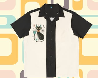Martini Black Cat Retro Men's Hawaiian Shirt - Vintage 1950s 1960s Bowling Style, Black & White, Classic Fashion