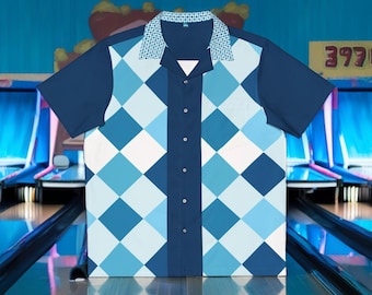 Camisa havaiana masculina estilo anos 1950, estilo vintage, azul, rockabilly - xadrez estiloso - camisa de boliche retrô