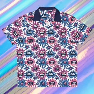 Monsters and Flowers and Purple Oh My! Retro Vintage-inspired Hawaiian Shirt, 1950s style, Button-up, weirdcore, fun, casual unisex top