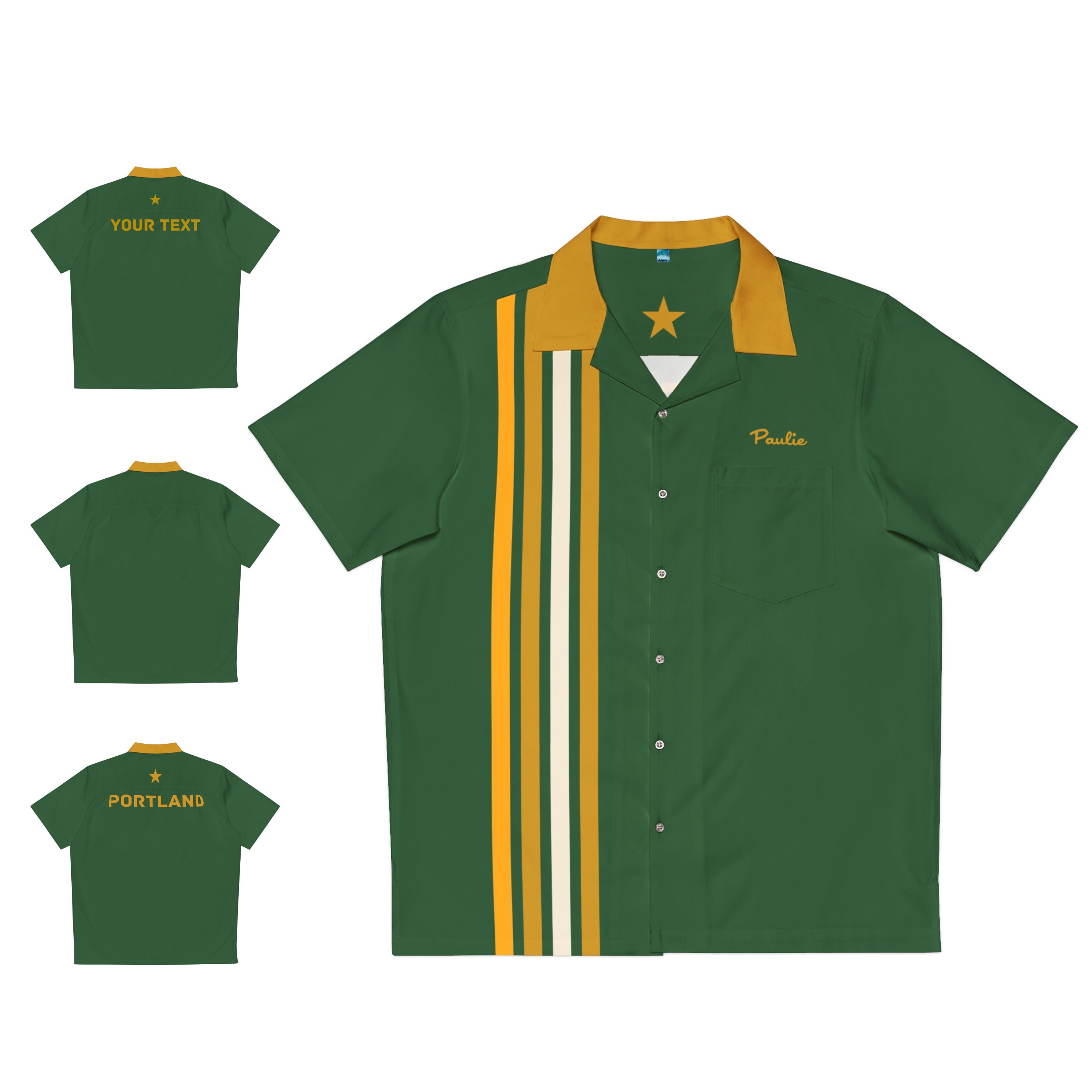 GREEN and GOLD Retro Stripe Vintage-inspired Bowling Shirt