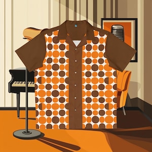 Puede incluir: Una camisa de manga corta con botones de color marrón y naranja con un estampado retro de lunares.
