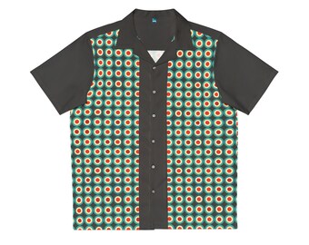 Camisa de botões com inspiração retrô vintage, azul-petróleo e círculo vermelho, mangas curtas, blusa casual com gola, presente exclusivo