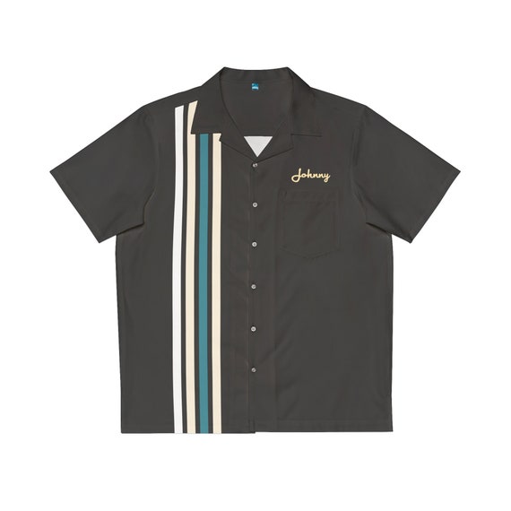 Retro Rockabilly Bowling Shirt - Black/White 1 Stripe - Men's Button-Up