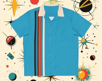 Briljant blauw gestreept retro vintage geïnspireerd bowlingshirt, jaren 50-stijl, Hawaiiaans shirt retro button-up, PERSONALISATIE BESCHIKBAAR!