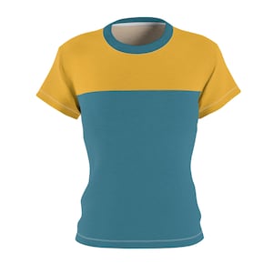 May include: A short-sleeved t-shirt with a color-block design. The top half is mustard yellow, and the bottom half is teal. The shirt has a crew neck with a light tan trim.