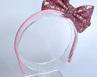 Cerchietto con fiocco di paillettes rosa / accessorio per capelli con glitter fatto a mano