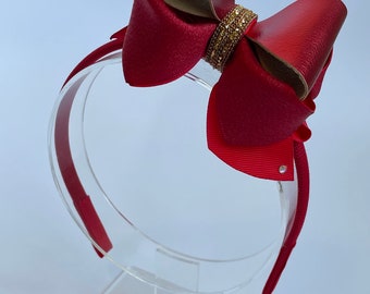 Christmas bow, christmas headband, christmas gift, red and gold  bow, christmas accessory, christmas gift.