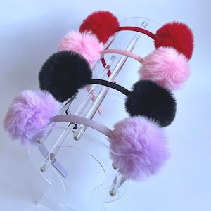 Koala headband - Pompom hard headband, Furry pompom headband- Pompom Cat Ear Headband.