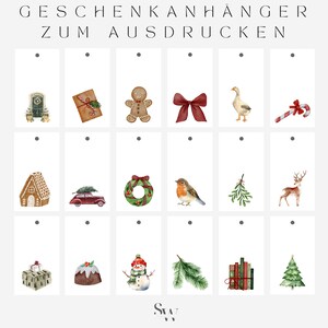 Könnte beinhalten: Zwölf druckbare Weihnachtsgeschenkanhänger mit verschiedenen Weihnachtsmotiven, darunter ein Lebkuchenhaus, ein Auto mit einem Weihnachtsbaum auf dem Dach, ein Kranz, ein Rotkehlchen, eine Gans, ein Zuckerstange, ein Rentier, ein Schneemann, ein Weihnachtspudding, ein Stapel Bücher und ein Weihnachtsbaum.