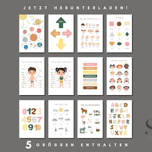 以下が含まれることがあります： カラフルなイラストとドイツ語の単語が書かれた、子供向けの教育用ポスター10枚セット。ポスターは、体の部位、天気、数字、動物、形、文字など、さまざまなテーマを扱っています。