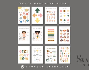 12 Learning Posters German Digital Children Poster Montessori Classroom Children & Playroom ABC Feelings Animals Planets Weather Shapes Educational
