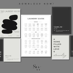 Könnte beinhalten: Eine Sammlung von Kunstdrucken zum Thema Waschküche in neutralen Farbtönen. Die Drucke zeigen abstrakte Designs, Wäschezeichen und Sätze wie "Alexa, bitte wasch meine Wäsche" und "Ein Zuhause voller Liebe & Wäsche".