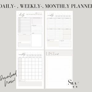 Könnte beinhalten: Ein druckbarer Planer mit Abschnitten für die tägliche, wöchentliche und monatliche Planung. Er enthält auch einen Abschnitt für eine To-Do-Liste. Der Planer ist im minimalistischen Stil mit schwarzem Text auf weißem Hintergrund gestaltet.