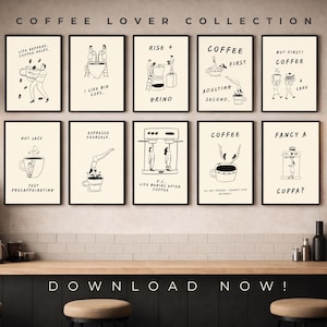 Puede incluir: Una colección de impresiones artísticas enmarcadas con marcos negros y fondos color crema. Cada impresión presenta un dibujo lineal en blanco y negro con temas y texto relacionados con el café. La frase "Coffee Lover Collection" está en la parte superior y "Download Now!" en la inferior.