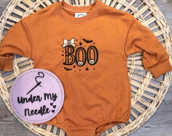 Baby Halloween Bubble Romper, Embroidered BOO Sweatshirt Romper, Personalized Baby Girl Halloween Outfit, Fall Pumpkin Bodysuit