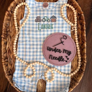 Embroidered Tractor Baby Romper: Gingham Summer Outfit