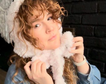 knit bonnet cap balaclava faux fur “ROMANTIC” crochet bonnet