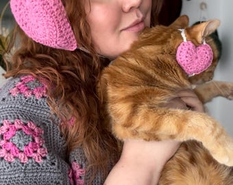 Matching Crochet Heart Earmuffs, Cat and Owner Set