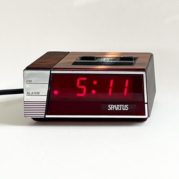 Vintage 80's Spartus Digital Wood Grain with Red Face Alarm Clock