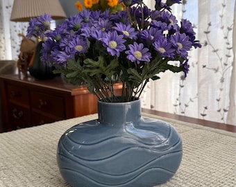 Vintage 80s Blue Postmodern Art Deco Revival Ceramic Vase