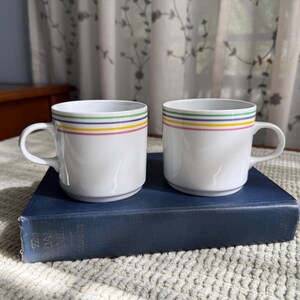 Vintage White Porcelain Rainbow Striped Mugs, Pair
