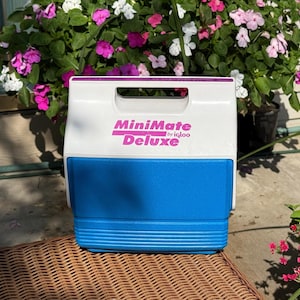 May include: A white and blue Igloo MiniMate Deluxe cooler with a handle. The cooler has the words "MiniMate Deluxe" in pink lettering. The cooler is sitting on a woven surface, with flowers in the background.