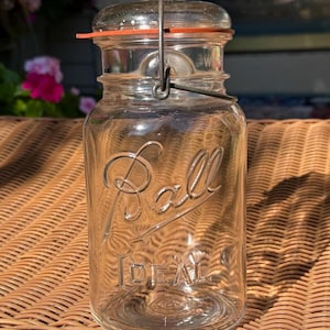 Vintage Ball Ideal Clear Glass Quart Jar with Wire Bail and Glass Lid