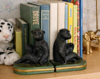 Vintage Monkey Bookends Set | Mid Century | Safari Jungle Decor | Brass Green Base Animal Bookends