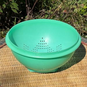 May include: A bright mint green plastic colander featuring a wide rim and a series of small, circular drainage holes arranged in a geometric pattern at the base of the bowl, designed for straining liquids from food items.