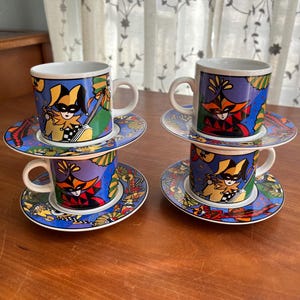 Vintage 90&#39;s Sakura Verona Mardi Gras Mask Ceramic Espresso/Cappuccino Cup and Saucer Set