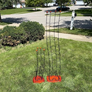 May include: Two vertical wine racks constructed from thin black metal wire with orange spherical finials at the top of each wire strand. Each rack is mounted on a rectangular orange wooden base, featuring multiple circular slots for bottles.