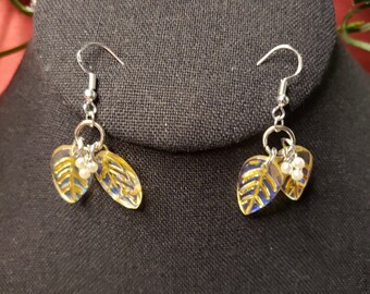 Mistletoe earrings, gold leaf glass beads, iridescent, iridescence, druid, pagan, blessing earrings