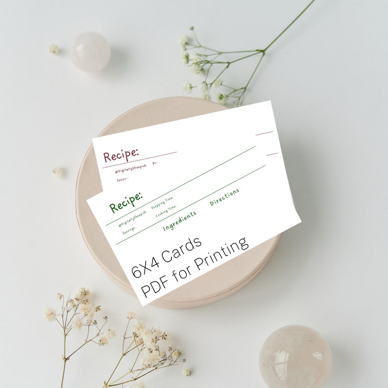 May include: Two printable recipe cards with green and brown text. The cards are 6x4 inches and are designed for printing. The text on the cards includes "Recipe", "Prepping Time", "Cooking Time", "Servings", "Ingredients", and "Directions".