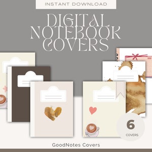 May include: Six digital notebook covers featuring a variety of designs, including coffee cups, hearts, stars, and watercolor splatters. The covers are designed for GoodNotes.